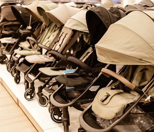 Resevagnar på rad i en butik